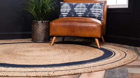 Natural and Navy Blue 3' 3 x 3' 3 Braided Jute Round Area Rug 100% Jute Hand Braided Natural Eco-Friendly Boho Style Carpet for Living Rooms Dining Office Space Dorms for Sale at Rug Engine