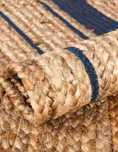 Natural and Navy Blue 8' x 8' Braided Jute Round Area Rug 100% Jute Hand Braided Natural Eco-Friendly Boho Style Carpet for Living Rooms Dining Office Space Dorms for Sale at Rug Engine