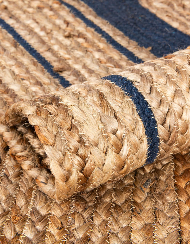 Natural and Navy Blue 3' 3 x 3' 3 Braided Jute Round Rug