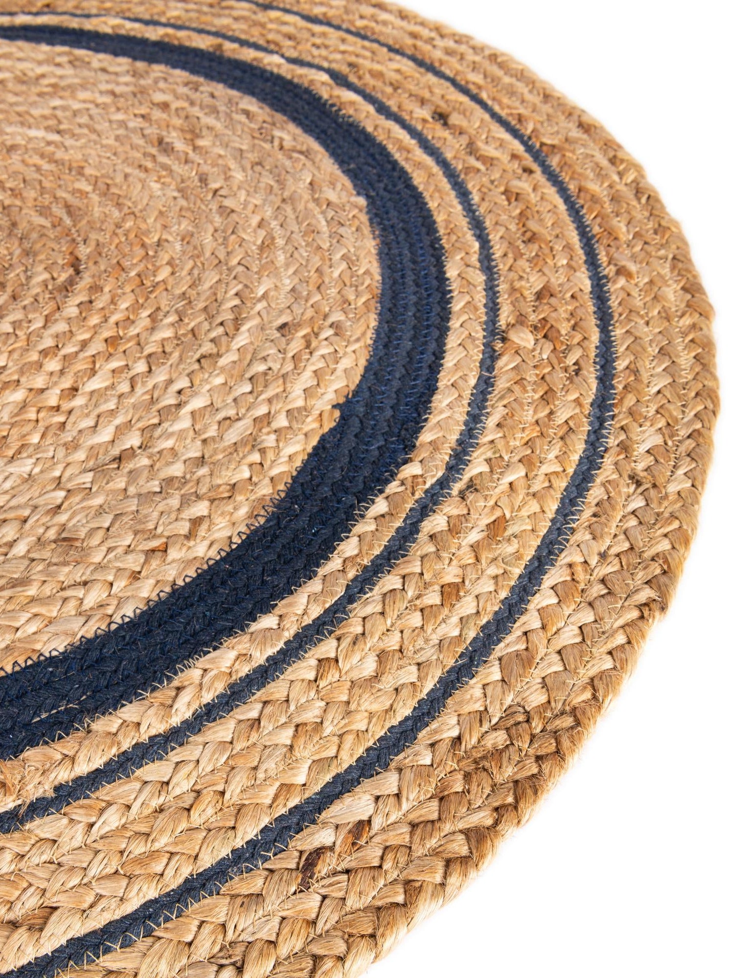 Natural and Navy Blue 3' 3 x 3' 3 Braided Jute Round Area Rug 100% Jute Hand Braided Natural Eco-Friendly Boho Style Carpet for Living Rooms Dining Office Space Dorms for Sale at Rug Engine