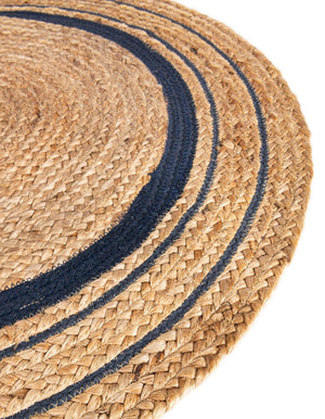 Natural and Navy Blue 3' 3 x 3' 3 Braided Jute Round Rug