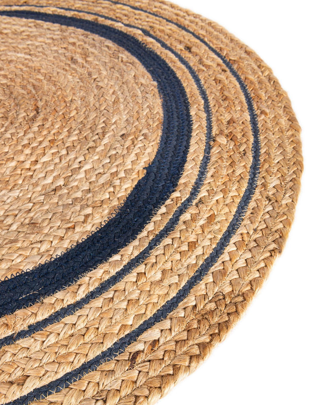 Natural and Navy Blue 3' 3 x 3' 3 Braided Jute Round Rug