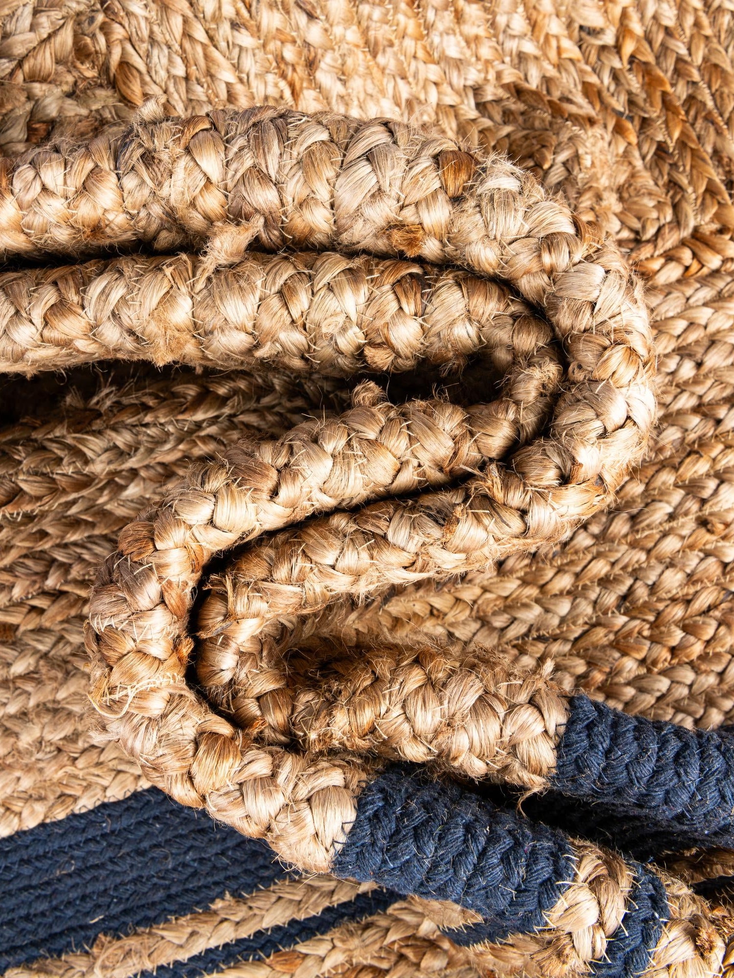 Natural and Navy Blue 3' 3 x 3' 3 Braided Jute Round Area Rug 100% Jute Hand Braided Natural Eco-Friendly Boho Style Carpet for Living Rooms Dining Office Space Dorms for Sale at Rug Engine