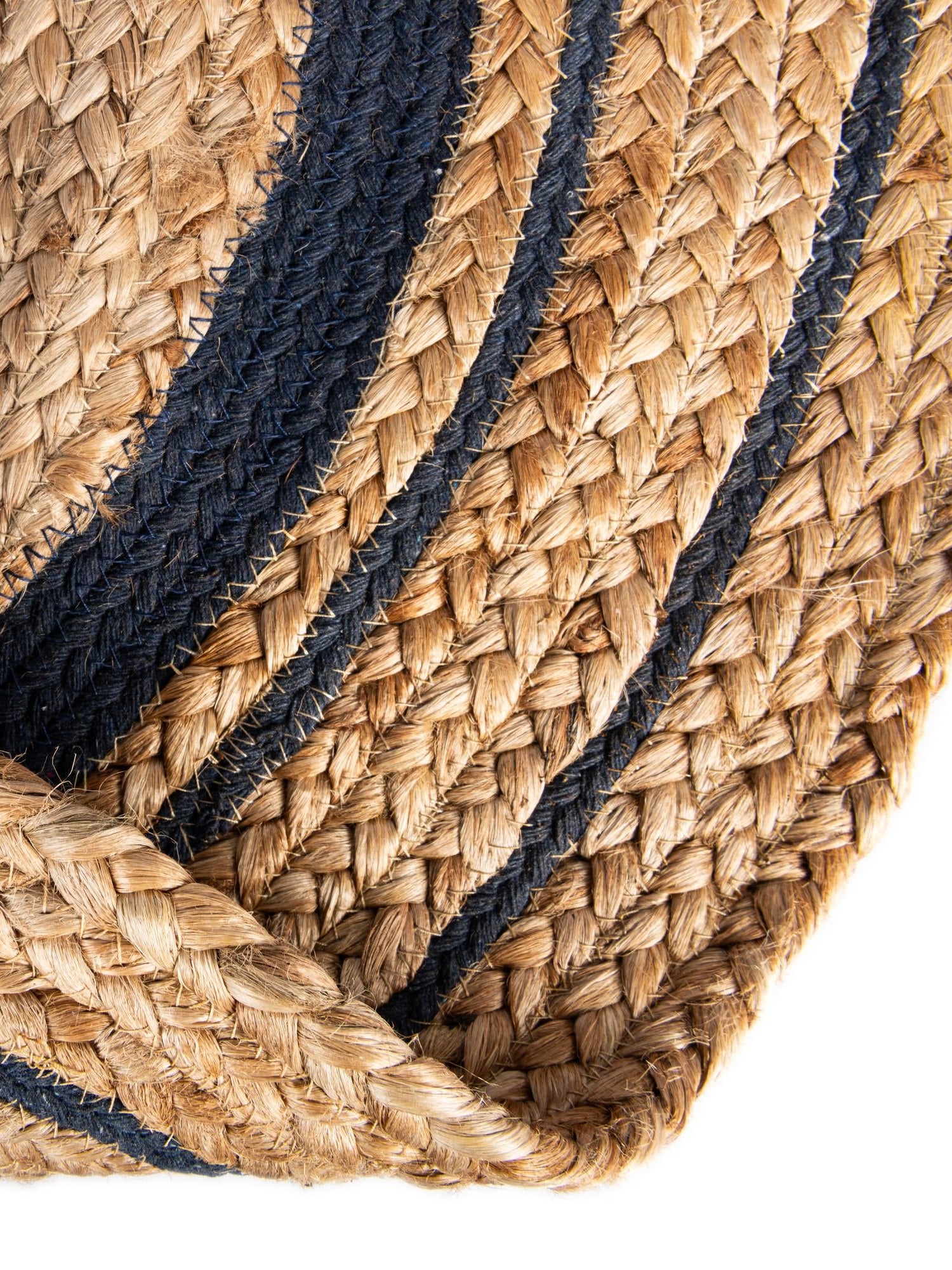Natural and Navy Blue 8' x 8' Braided Jute Round Area Rug 100% Jute Hand Braided Natural Eco-Friendly Boho Style Carpet for Living Rooms Dining Office Space Dorms for Sale at Rug Engine