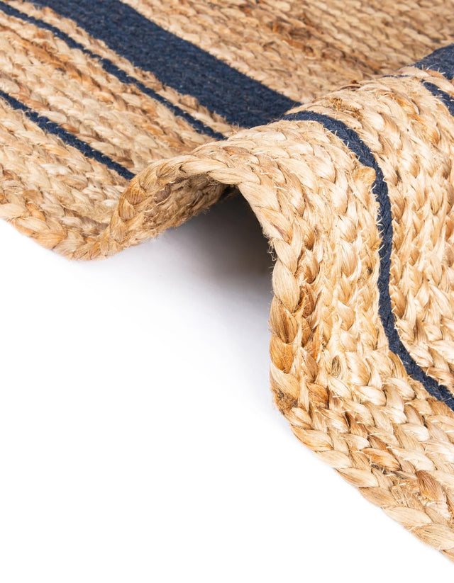 Natural and Navy Blue 8' x 8' Braided Jute Round Rug