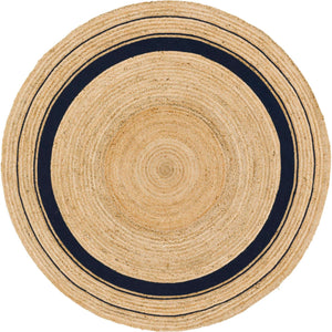Natural and Navy Blue 8' x 8' Braided Jute Round Rug