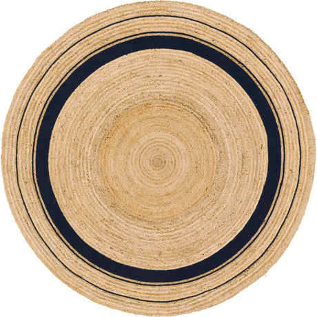 Natural and Navy Blue 8' x 8' Braided Jute Round Rug