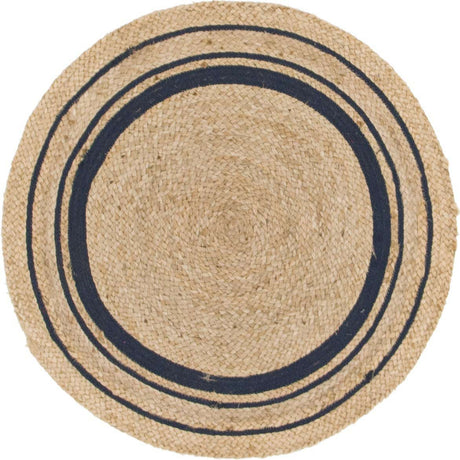 Natural and Navy Blue 3' 3 x 3' 3 Braided Jute Round Rug