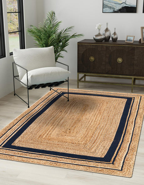Natural and Navy Blue 5' 1 x 8' Braided Jute Rectangle Rug