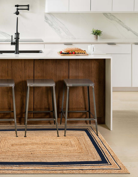 Natural and Navy Blue 2' x 3' 1 Braided Jute Rectangle Area Rug 100% Jute Hand Braided Natural Eco-Friendly Boho Style Carpet for Living Rooms Dining Office Space Dorms for Sale at Rug Engine