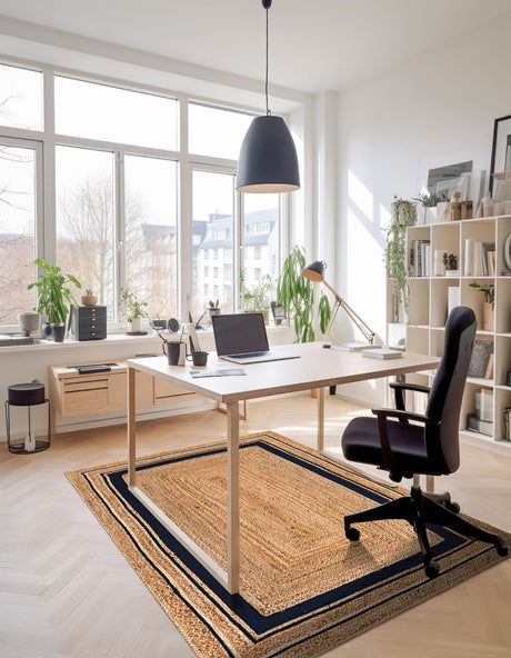 Natural and Navy Blue 2' x 3' 1 Braided Jute Rectangle Area Rug 100% Jute Hand Braided Natural Eco-Friendly Boho Style Carpet for Living Rooms Dining Office Space Dorms for Sale at Rug Engine