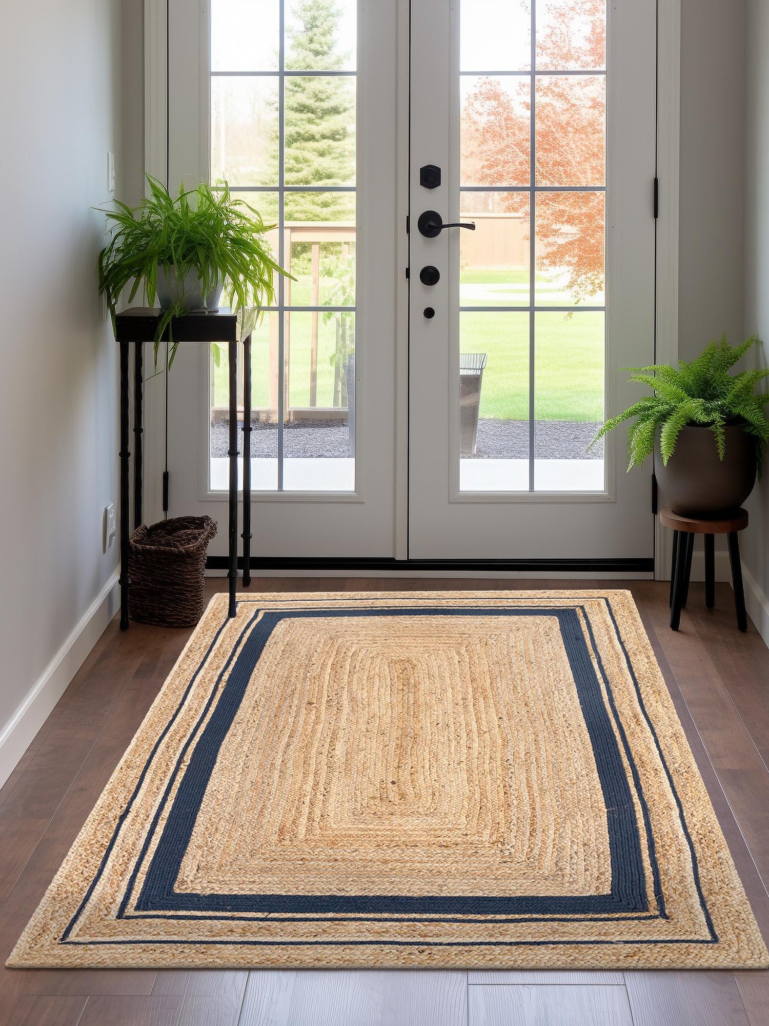 Natural and Navy Blue 2' x 3' 1 Braided Jute Rectangle Area Rug 100% Jute Hand Braided Natural Eco-Friendly Boho Style Carpet for Living Rooms Dining Office Space Dorms for Sale at Rug Engine