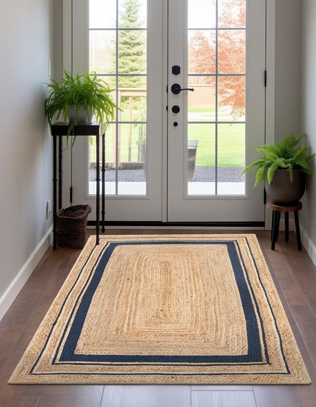 Natural and Navy Blue 2' x 3' 1 Braided Jute Rectangle Area Rug 100% Jute Hand Braided Natural Eco-Friendly Boho Style Carpet for Living Rooms Dining Office Space Dorms for Sale at Rug Engine