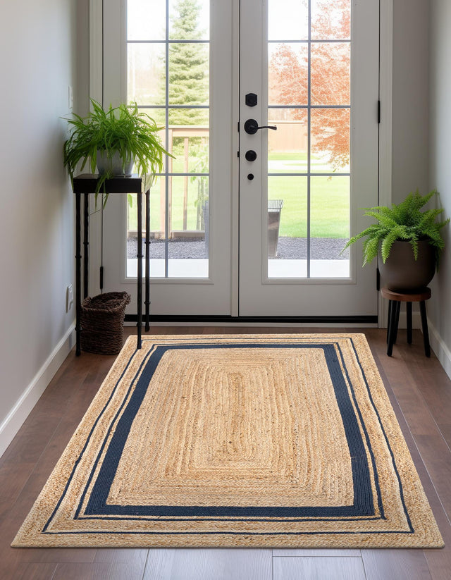 Natural and Navy Blue 4' 1 x 6' 1 Braided Jute Rectangle Rug