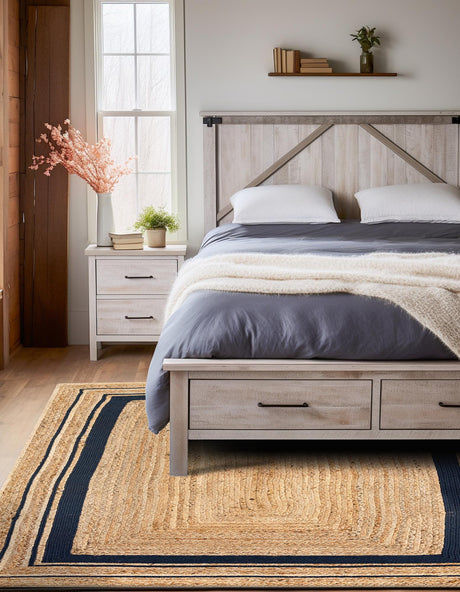 Natural and Navy Blue 2' x 3' 1 Braided Jute Rectangle Area Rug 100% Jute Hand Braided Natural Eco-Friendly Boho Style Carpet for Living Rooms Dining Office Space Dorms for Sale at Rug Engine