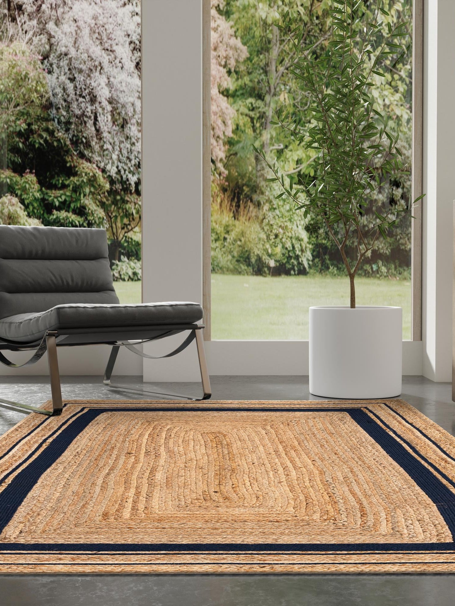 Natural and Navy Blue 9' x 12' 2 Braided Jute Rectangle Area Rug 100% Jute Hand Braided Natural Eco-Friendly Boho Style Carpet for Living Rooms Dining Office Space Dorms for Sale at Rug Engine