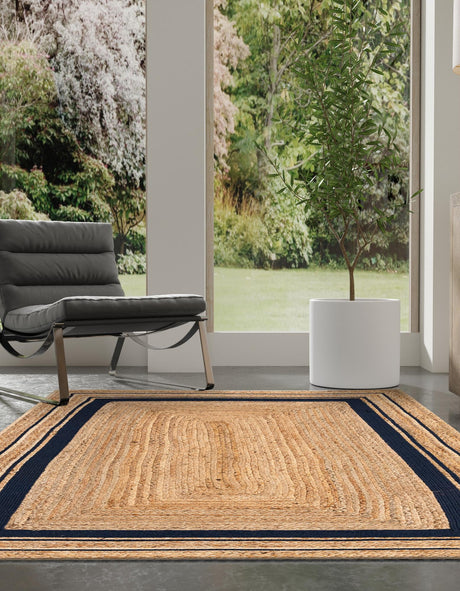 Natural and Navy Blue 4' 1 x 6' 1 Braided Jute Rectangle Area Rug 100% Jute Hand Braided Natural Eco-Friendly Boho Style Carpet for Living Rooms Dining Office Space Dorms for Sale at Rug Engine