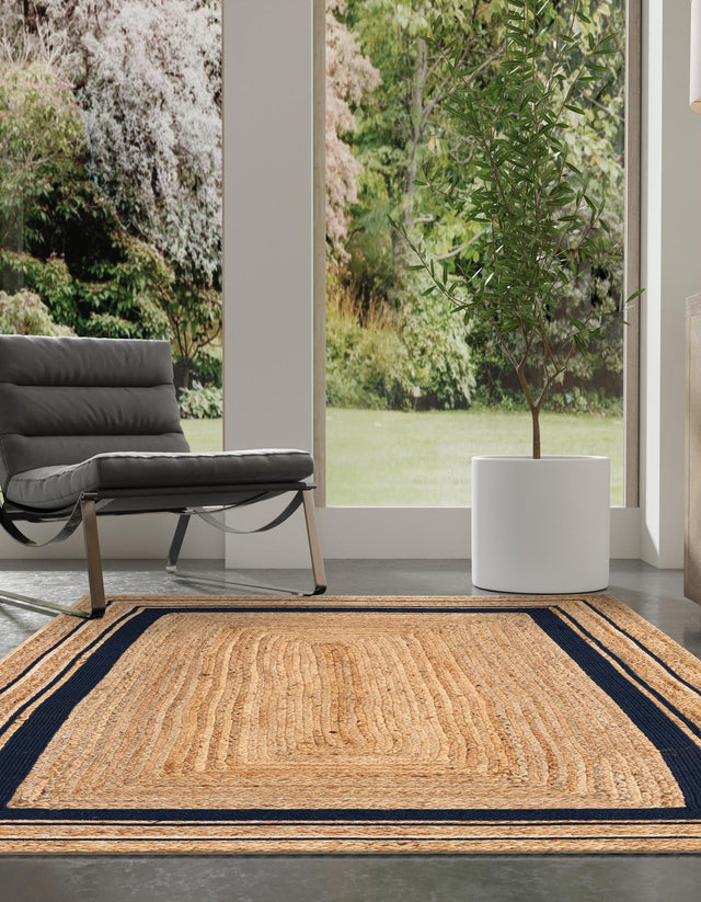 Natural and Navy Blue 4' 1 x 6' 1 Braided Jute Rectangle Rug