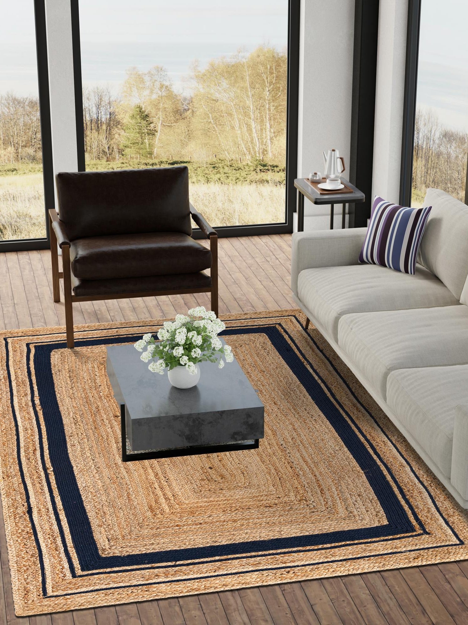 Natural and Navy Blue 9' x 12' 2 Braided Jute Rectangle Area Rug 100% Jute Hand Braided Natural Eco-Friendly Boho Style Carpet for Living Rooms Dining Office Space Dorms for Sale at Rug Engine
