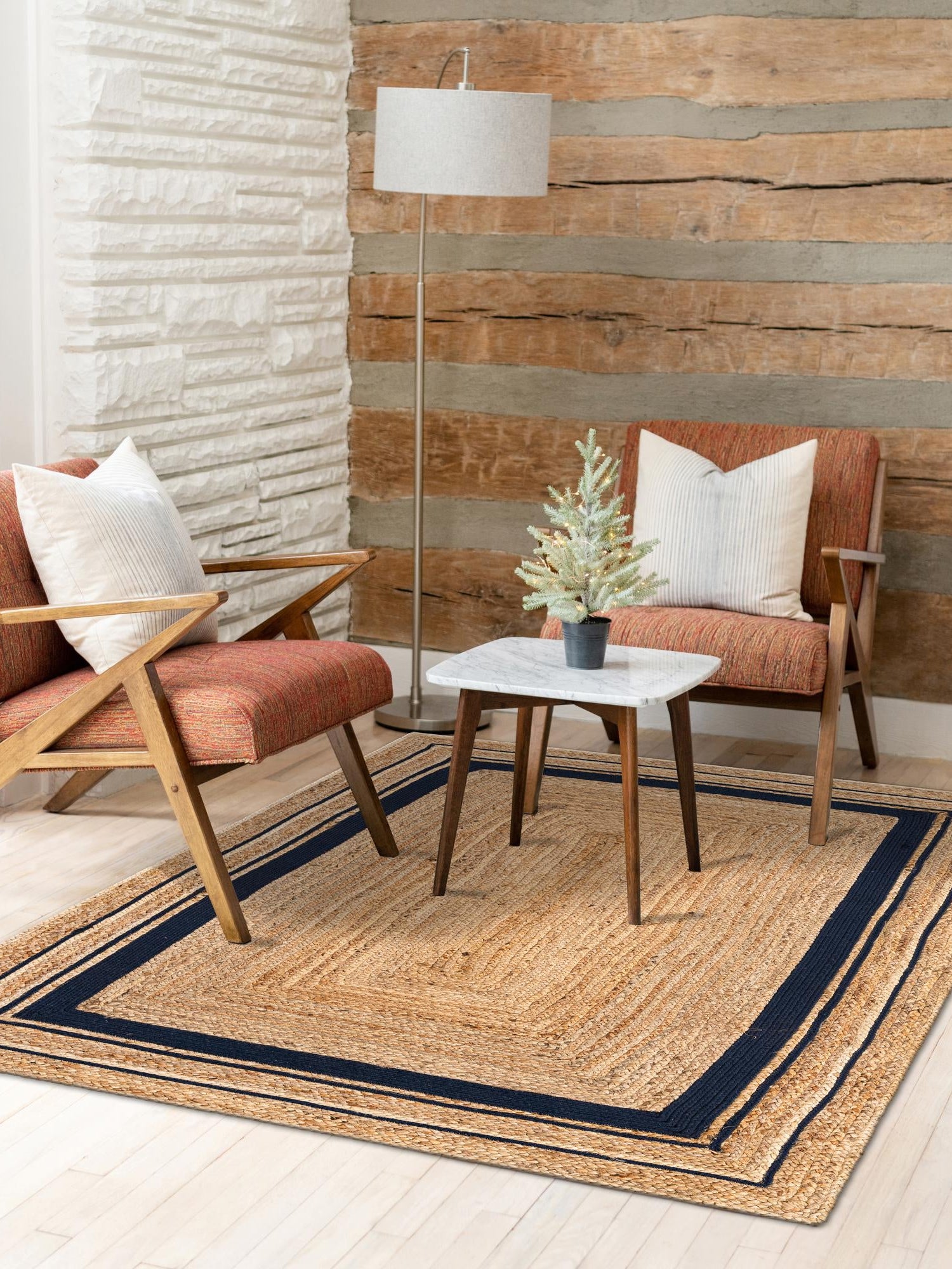 Natural and Navy Blue 9' x 12' 2 Braided Jute Rectangle Area Rug 100% Jute Hand Braided Natural Eco-Friendly Boho Style Carpet for Living Rooms Dining Office Space Dorms for Sale at Rug Engine