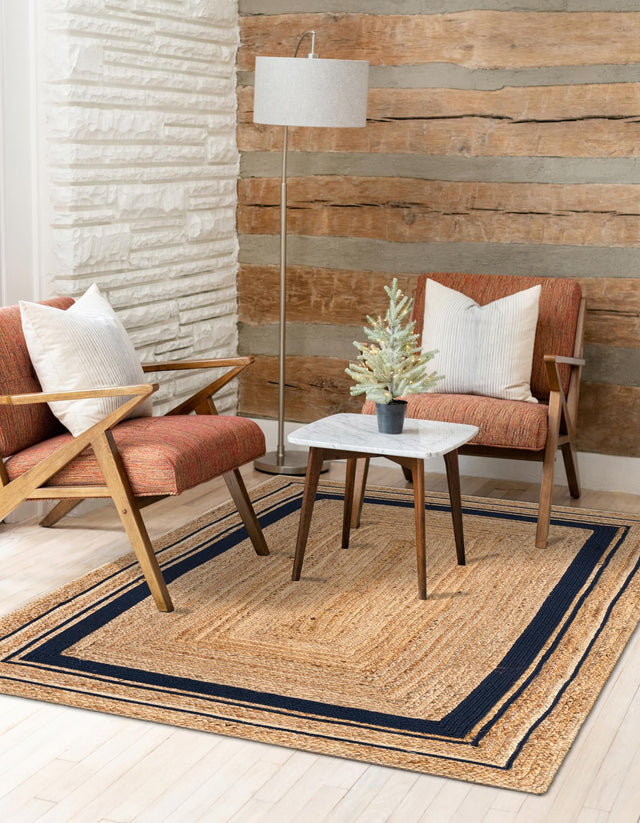 Natural and Navy Blue 9' x 12' 2 Braided Jute Rectangle Rug