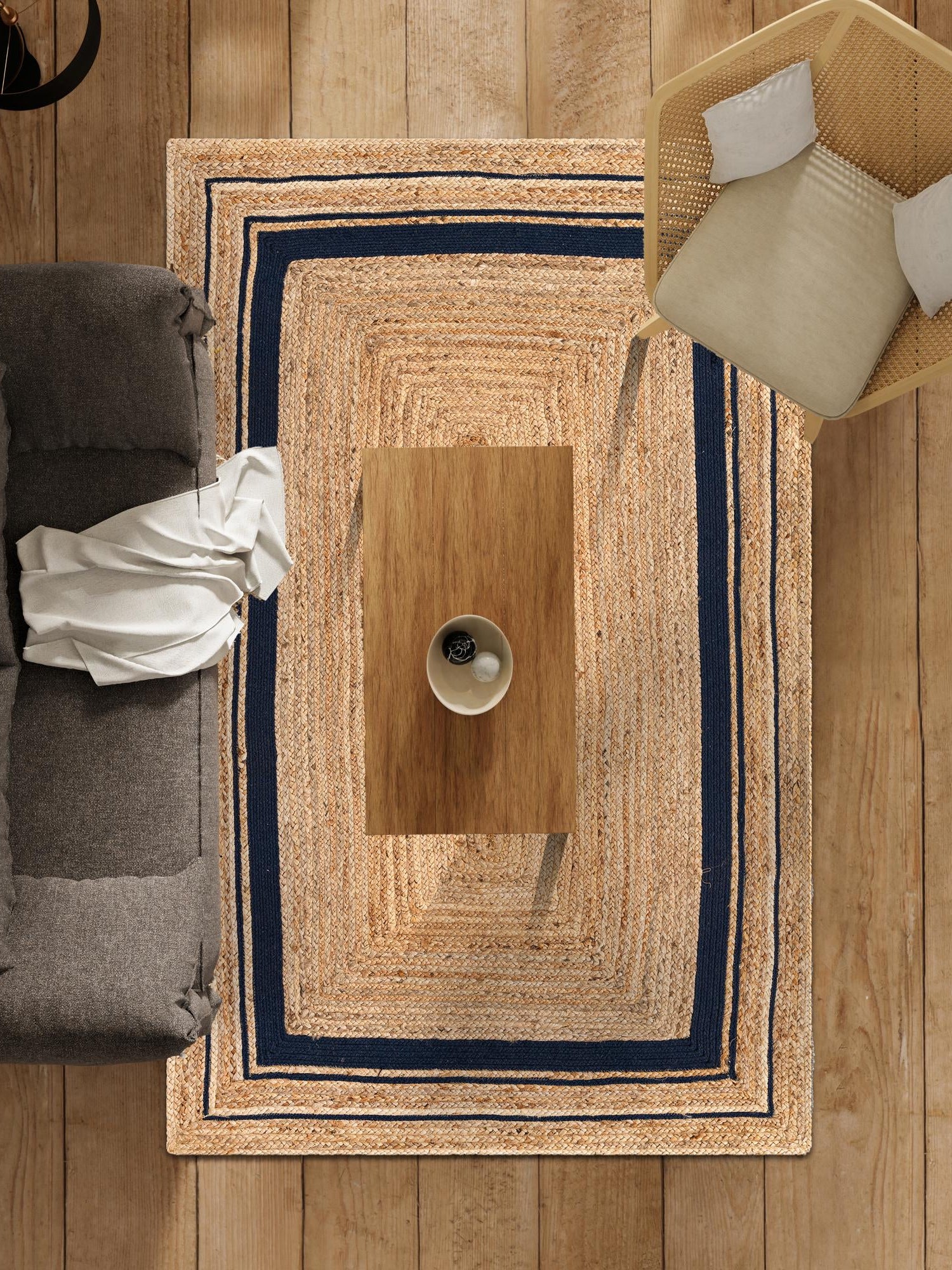 Natural and Navy Blue 4' 1 x 6' 1 Braided Jute Rectangle Area Rug 100% Jute Hand Braided Natural Eco-Friendly Boho Style Carpet for Living Rooms Dining Office Space Dorms for Sale at Rug Engine