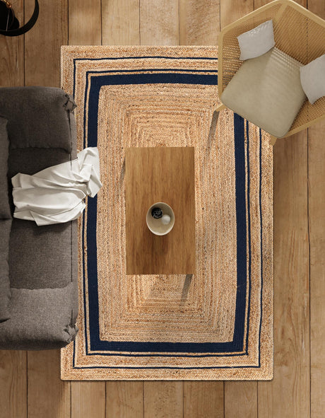 Natural and Navy Blue 4' 1 x 6' 1 Braided Jute Rectangle Area Rug 100% Jute Hand Braided Natural Eco-Friendly Boho Style Carpet for Living Rooms Dining Office Space Dorms for Sale at Rug Engine