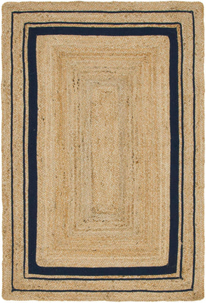 Natural and Navy Blue 4' 1 x 6' 1 Braided Jute Rectangle Rug