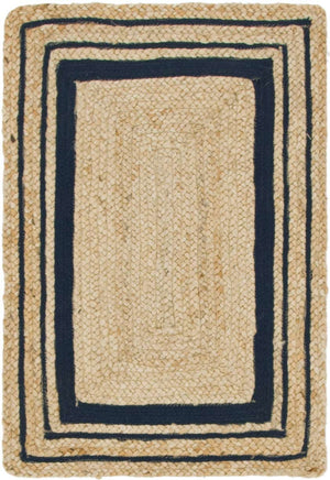 Natural and Navy Blue 2' x 3' 1 Braided Jute Rectangle Rug