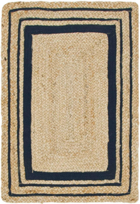 Natural and Navy Blue 2' x 3' 1 Braided Jute Rectangle Rug