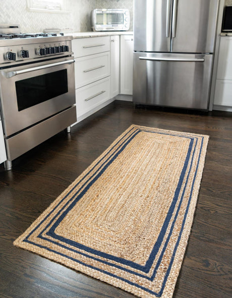 Natural and Navy Blue 2' 6 x 6' 1 Braided Jute Runner Rug