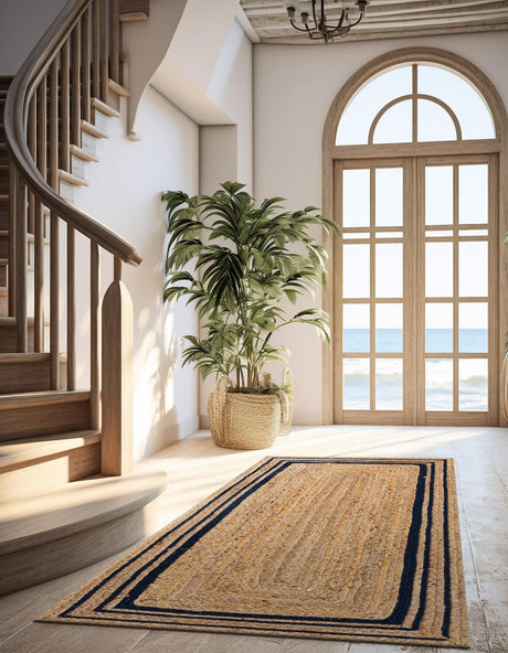 Natural and Navy Blue 2' 6 x 6' 1 Braided Jute Runner Area Rug 100% Jute Hand Braided Natural Eco-Friendly Boho Style Carpet for Living Rooms Dining Office Space Dorms for Sale at Rug Engine