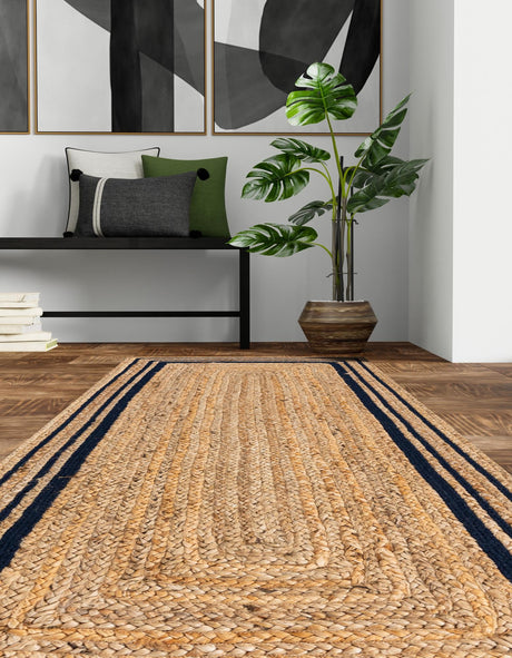 Natural and Navy Blue 2' 6 x 6' 1 Braided Jute Runner Area Rug 100% Jute Hand Braided Natural Eco-Friendly Boho Style Carpet for Living Rooms Dining Office Space Dorms for Sale at Rug Engine