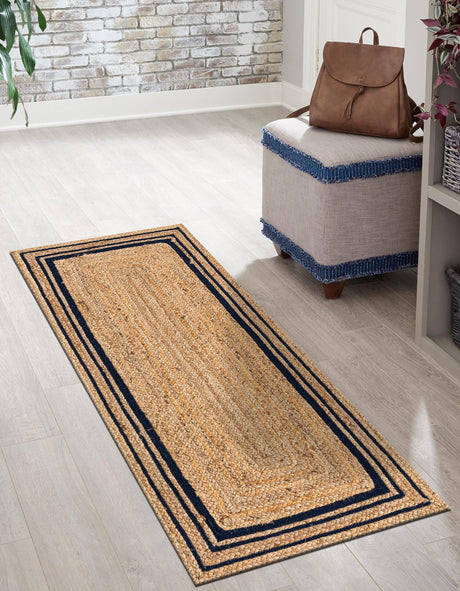 Natural and Navy Blue 2' 6 x 6' 1 Braided Jute Runner Area Rug 100% Jute Hand Braided Natural Eco-Friendly Boho Style Carpet for Living Rooms Dining Office Space Dorms for Sale at Rug Engine