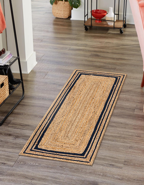 Natural and Navy Blue 2' 6 x 6' 1 Braided Jute Runner Area Rug 100% Jute Hand Braided Natural Eco-Friendly Boho Style Carpet for Living Rooms Dining Office Space Dorms for Sale at Rug Engine