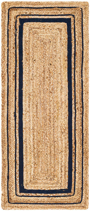 Natural and Navy Blue 2' 6 x 6' 1 Braided Jute Runner Rug