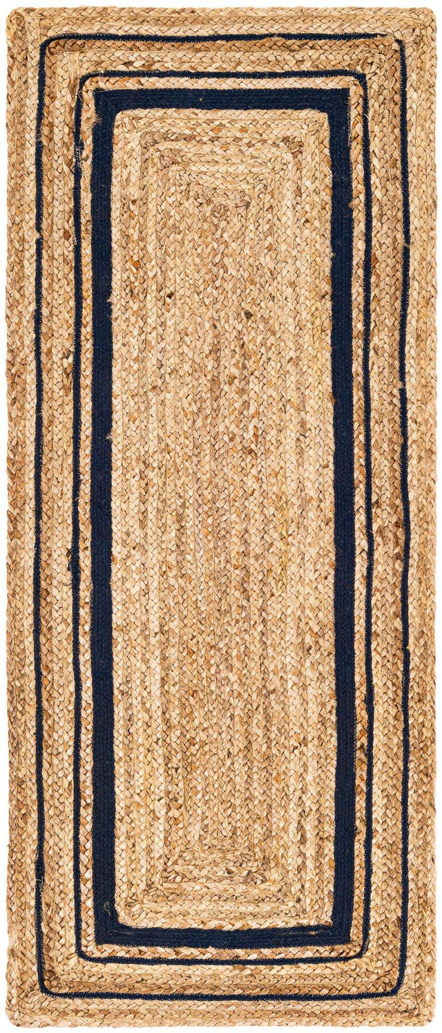 Natural and Navy Blue 2' 6 x 6' 1 Braided Jute Runner Rug