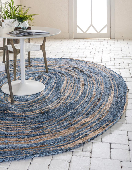 Blue and Natural 3' 3 x 5' 1 Braided Chindi Oval Rug