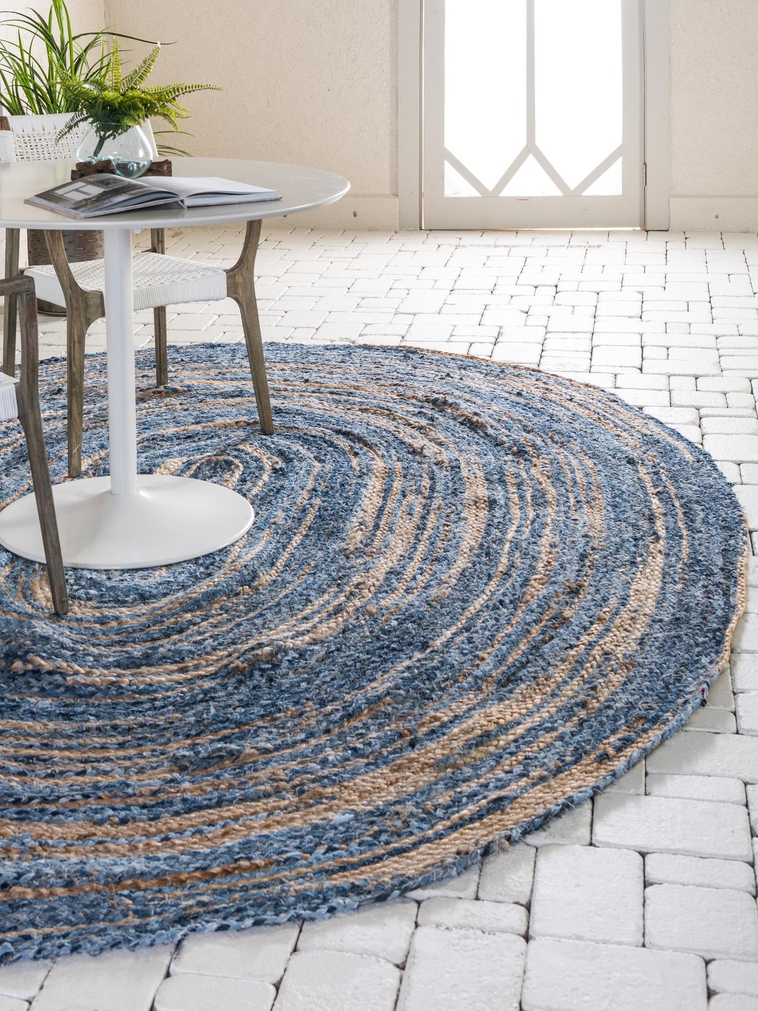 Blue and Natural 5' 1 x 8' Braided Chindi Oval Area Rug 100% Cotton Hand Braided Natural Eco-Friendly Boho Style Modern Carpet for Living Rooms Dining Office Dorm for Sale at Rug Engine