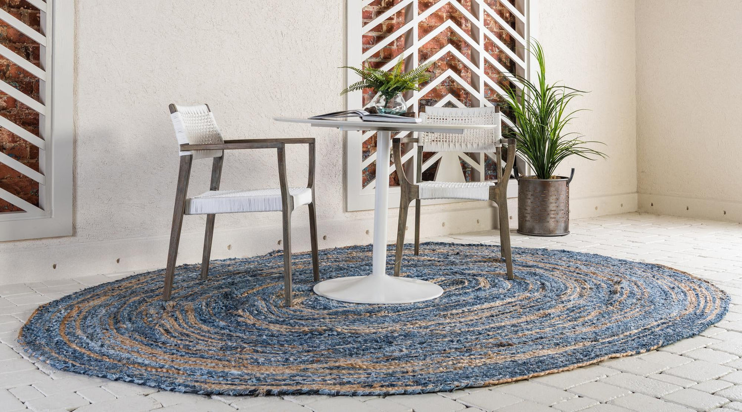 Blue and Natural 3' 3 x 5' 1 Braided Chindi Oval Area Rug 100% Cotton Hand Braided Natural Eco-Friendly Boho Style Modern Carpet for Living Rooms Dining Office Dorm for Sale at Rug Engine