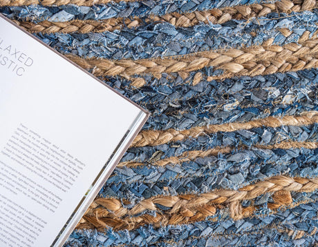 Blue and Natural 8' x 10' Braided Chindi Oval Area Rug 100% Cotton Hand Braided Natural Eco-Friendly Boho Style Modern Carpet for Living Rooms Dining Office Dorm for Sale at Rug Engine