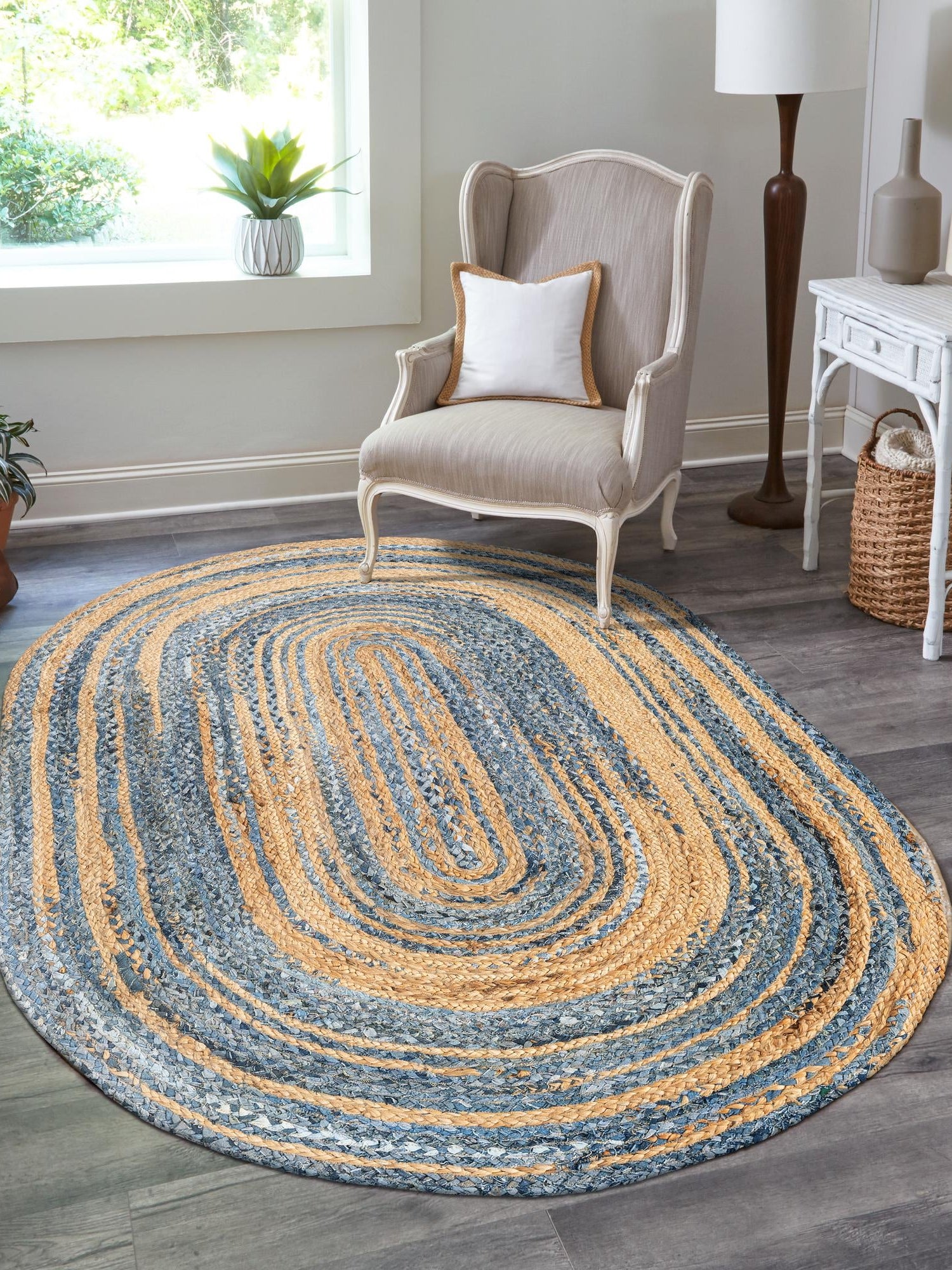 Blue and Natural 3' 3 x 5' 1 Braided Chindi Oval Area Rug 100% Cotton Hand Braided Natural Eco-Friendly Boho Style Modern Carpet for Living Rooms Dining Office Dorm for Sale at Rug Engine