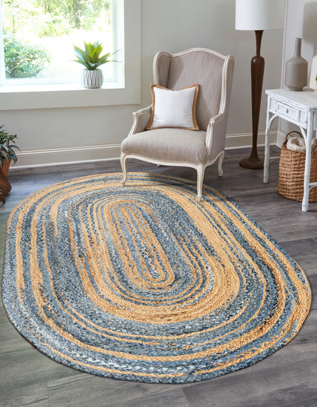 Blue and Natural 3' 3 x 5' 1 Braided Chindi Oval Area Rug 100% Cotton Hand Braided Natural Eco-Friendly Boho Style Modern Carpet for Living Rooms Dining Office Dorm for Sale at Rug Engine