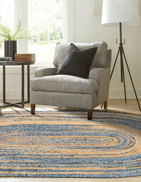 Blue and Natural 5' 1 x 8' Braided Chindi Oval Area Rug 100% Cotton Hand Braided Natural Eco-Friendly Boho Style Modern Carpet for Living Rooms Dining Office Dorm for Sale at Rug Engine
