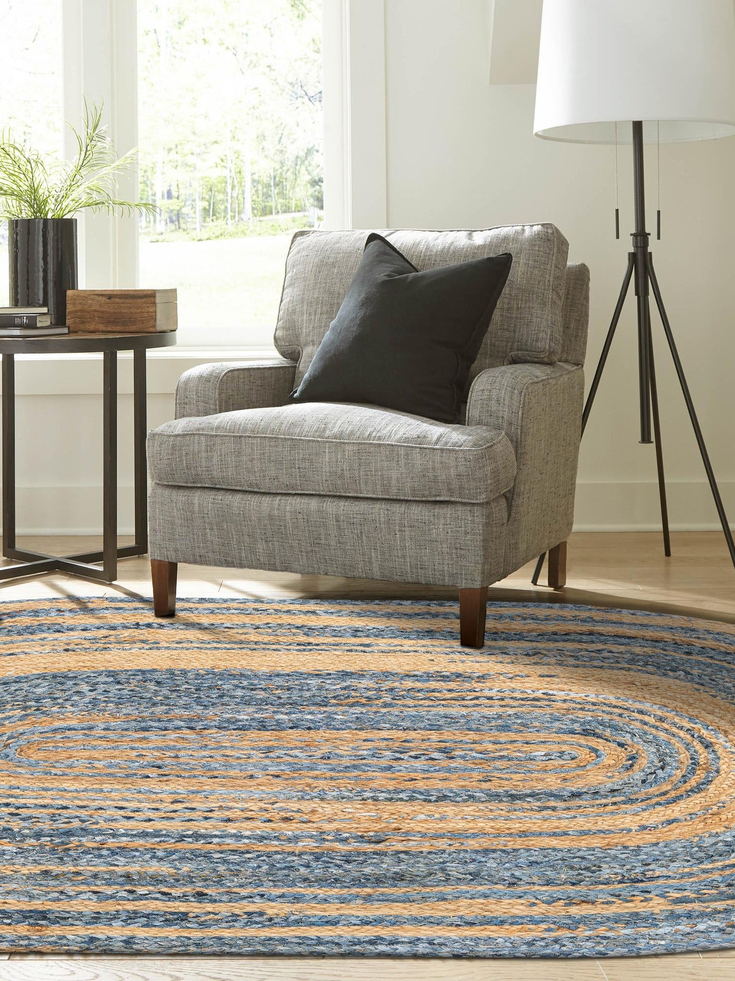 Blue and Natural 8' x 10' Braided Chindi Oval Area Rug 100% Cotton Hand Braided Natural Eco-Friendly Boho Style Modern Carpet for Living Rooms Dining Office Dorm for Sale at Rug Engine