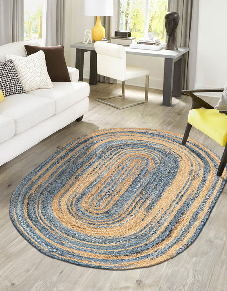 Blue and Natural 5' 1 x 8' Braided Chindi Oval Area Rug 100% Cotton Hand Braided Natural Eco-Friendly Boho Style Modern Carpet for Living Rooms Dining Office Dorm for Sale at Rug Engine