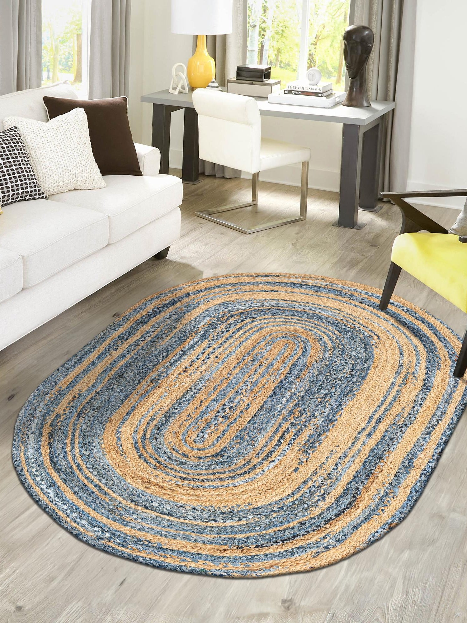 Blue and Natural 8' x 10' Braided Chindi Oval Area Rug 100% Cotton Hand Braided Natural Eco-Friendly Boho Style Modern Carpet for Living Rooms Dining Office Dorm for Sale at Rug Engine