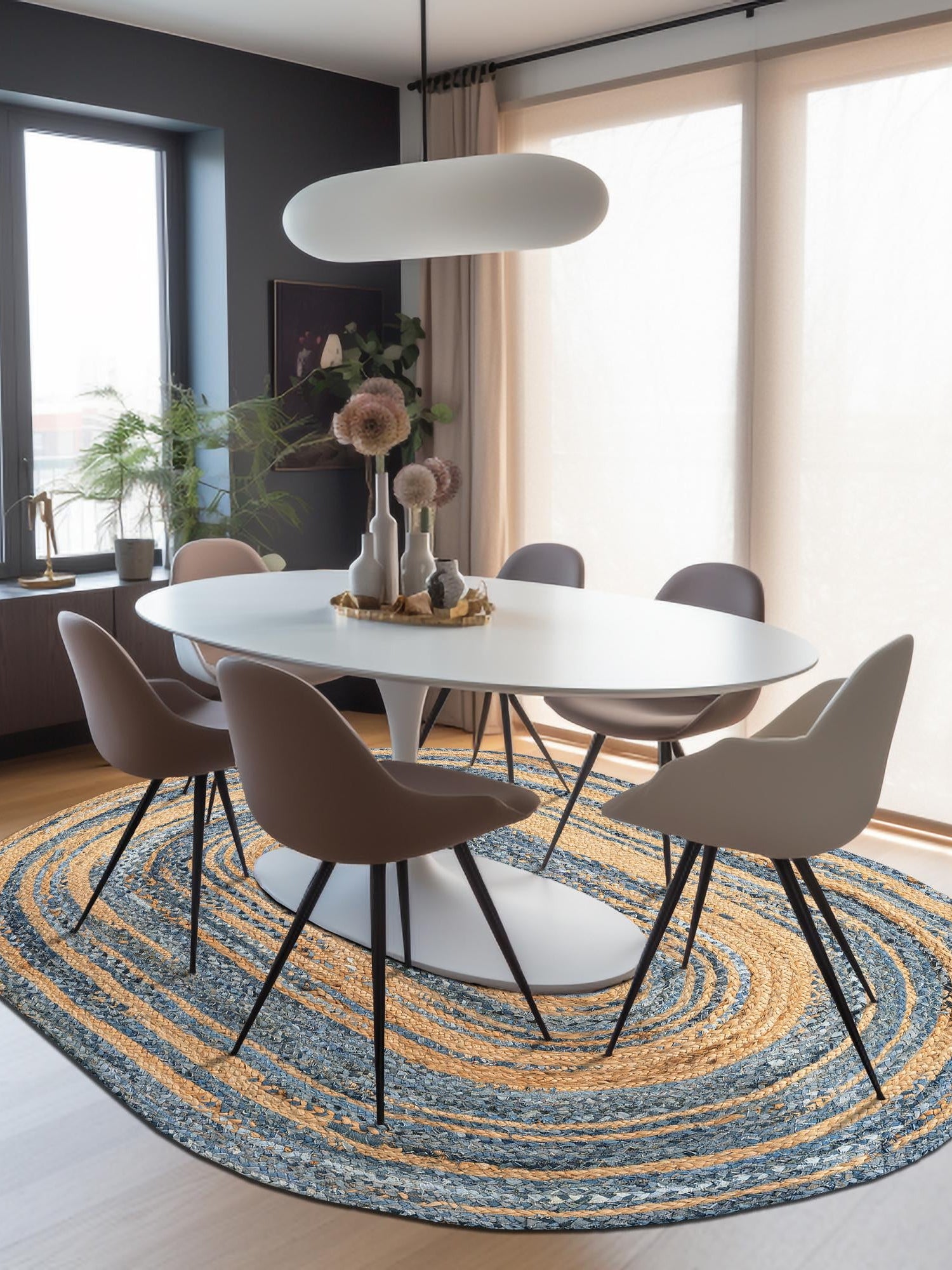 Blue and Natural 8' x 10' Braided Chindi Oval Area Rug 100% Cotton Hand Braided Natural Eco-Friendly Boho Style Modern Carpet for Living Rooms Dining Office Dorm for Sale at Rug Engine