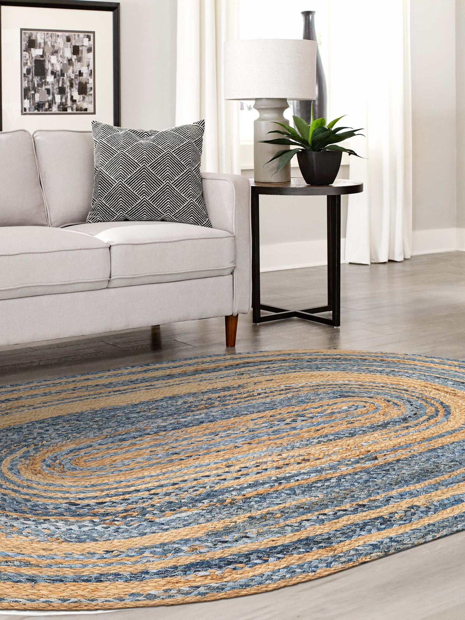 Blue and Natural 3' 3 x 5' 1 Braided Chindi Oval Area Rug 100% Cotton Hand Braided Natural Eco-Friendly Boho Style Modern Carpet for Living Rooms Dining Office Dorm for Sale at Rug Engine