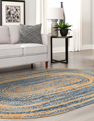 Blue and Natural 3' 3 x 5' 1 Braided Chindi Oval Rug